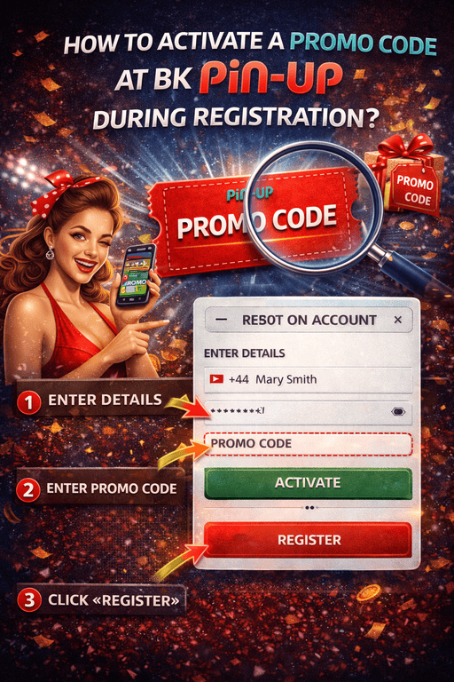 Активація промокоду в БК PinUp під час реєстрації з полем для введення коду, створенням акаунта та підключенням бонусної пропозиції