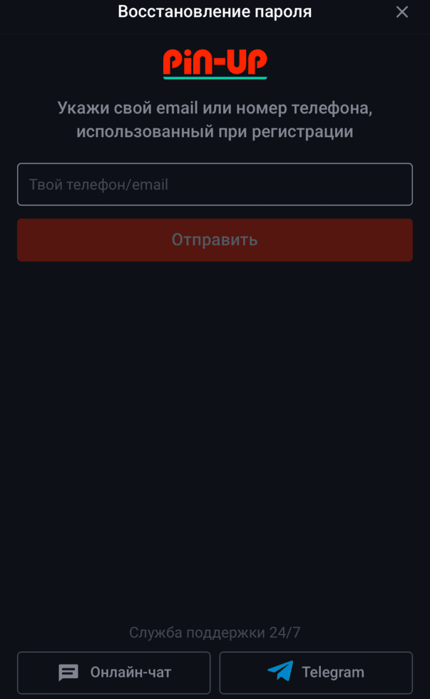 Форма відновлення пароля в БК PinUp для скидання доступу до акаунта, підтвердження даних і повторного входу на сайт